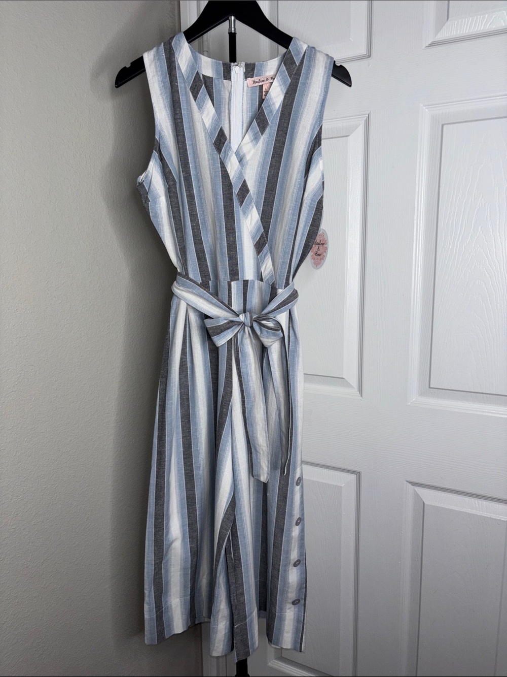 Sleeveless Striped Midi Dress with Tie Belt in Blue and White